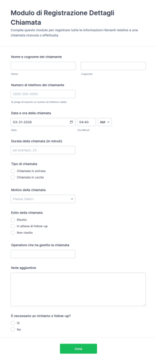 Modulo Di Registrazione Dettagli Chiamata