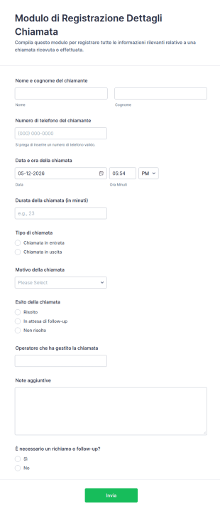 Modulo Di Registrazione Dettagli Chiamata