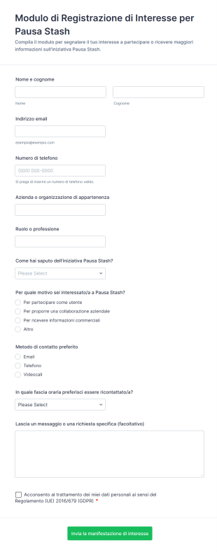Modulo Di Registrazione Di Interesse Per Pausa Stash