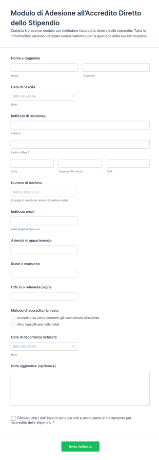 Modulo Di Registrazione Diretto Di Pagamento Dipendenti