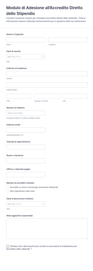 Modulo Di Registrazione Diretto Di Pagamento Dipendenti