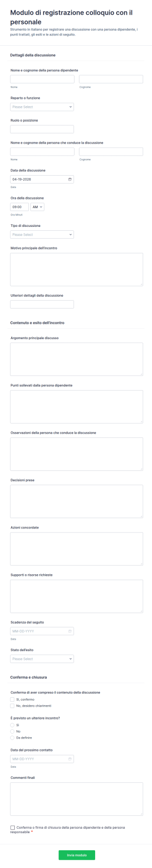 Modulo Di Registrazione Discussione Con Dipendente