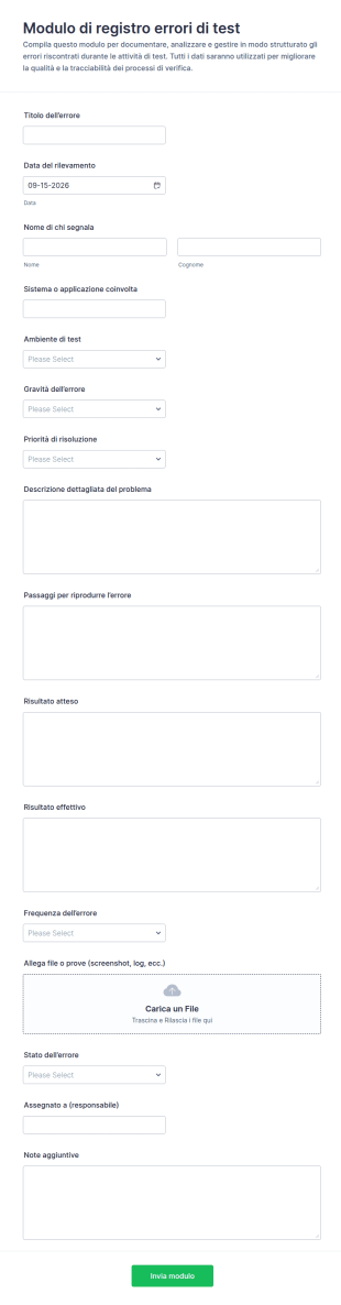 Modulo Di Registrazione Errori Di Test