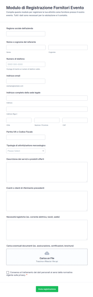 Modulo Di Registrazione Fornitori Evento