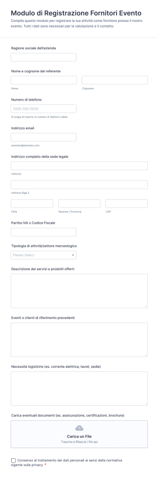 Modulo Di Registrazione Fornitori Evento