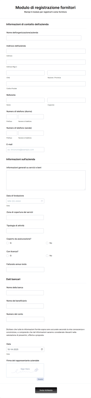Modulo Di Registrazione Fornitori