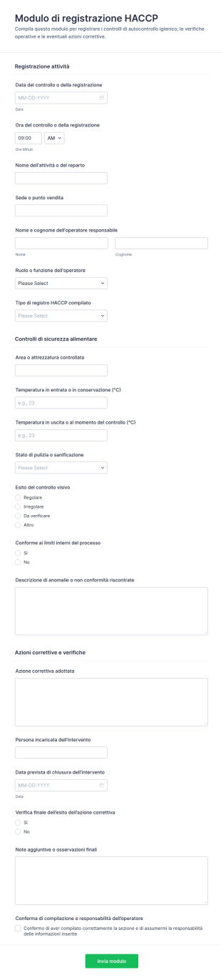 Modulo Di Registrazione HACCP