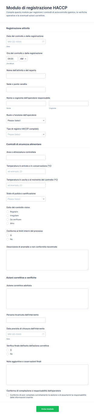 Modulo Di Registrazione HACCP