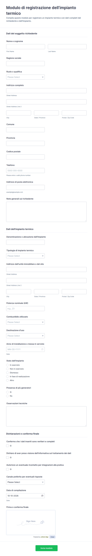 Modulo Di Registrazione Impianto Termico