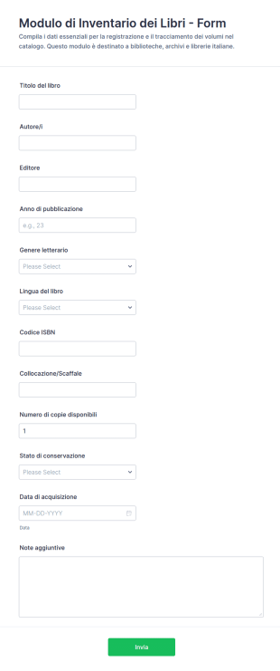 Modulo Di Registrazione Inventario Libri