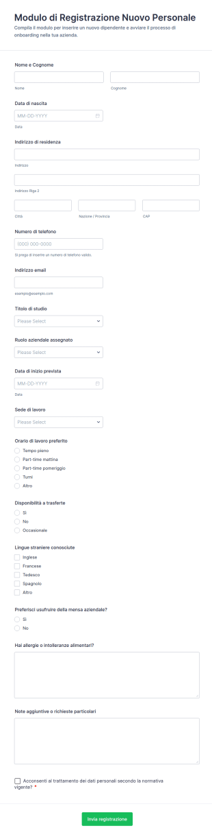 Modulo Di Registrazione Nuovo Assunto