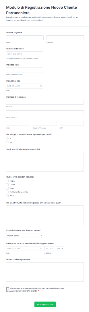Modulo Di Registrazione Nuovo Cliente Parrucchiere