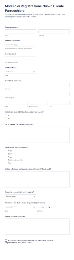 Modulo Di Registrazione Nuovo Cliente Parrucchiere