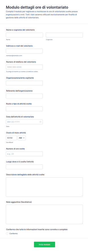 Modulo Di Registrazione Ore Di Volontariato