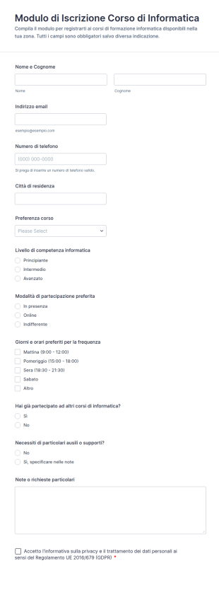 Modulo Di Registrazione Per Corso Di Formazione Informatica