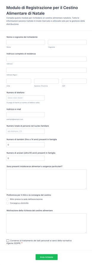 Modulo Di Registrazione Per Il Cestino Alimentare Di Natale
