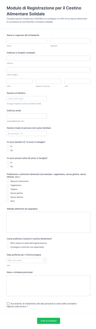 Modulo Di Registrazione Per Il Cestino Alimentare Solidale