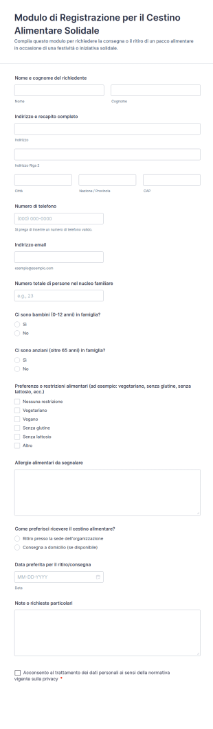 Modulo Di Registrazione Per Il Cestino Alimentare Solidale