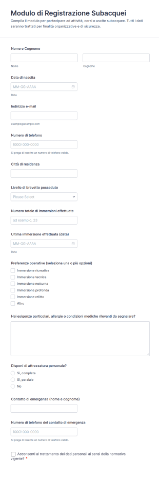 Modulo Di Registrazione Per Immersioni