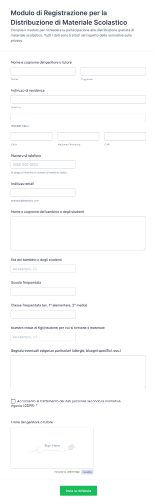 Modulo Di Registrazione Per La Distribuzione Di Materiale Scolastico