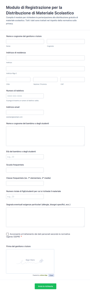 Modulo Di Registrazione Per La Distribuzione Di Materiale Scolastico