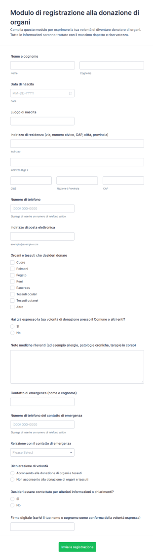 Modulo Di Registrazione Per La Donazione Di Organi