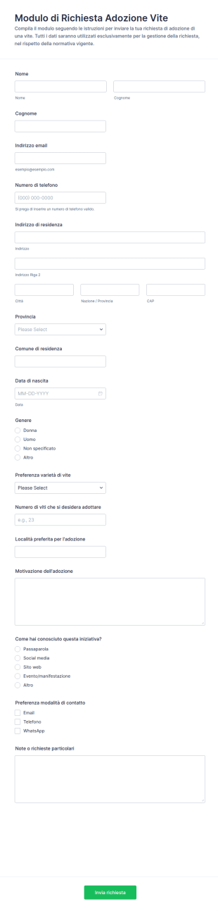 Modulo Di Registrazione Per L’Adesione Alla Adottiva Delle Viti