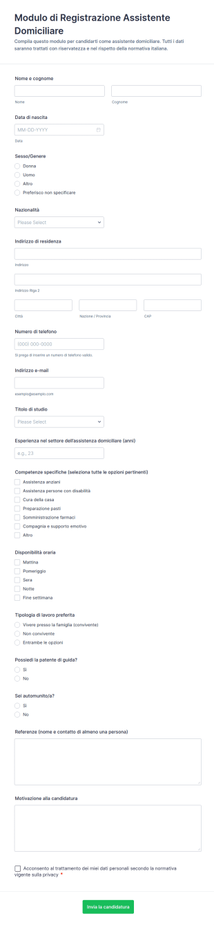 Modulo Di Registrazione Per Operatore Di Assistenza Domiciliare