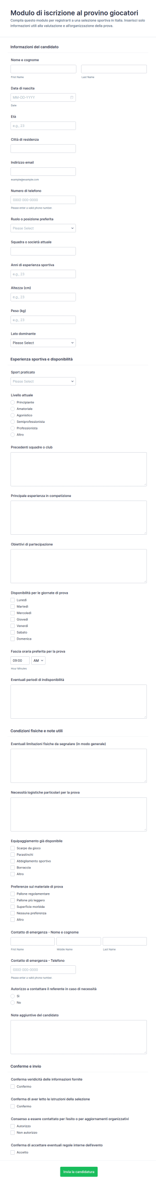 Modulo Di Registrazione Per Prove Di Gioco