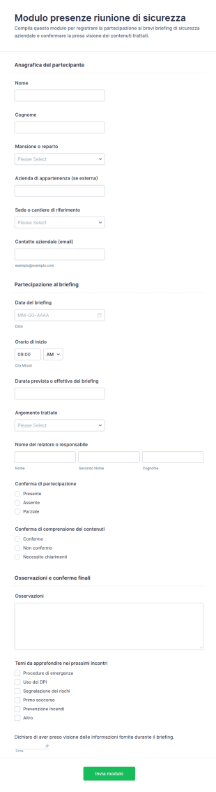 Modulo Di Registrazione Per Riunioni Di Sicurezza Sul Lavoro
