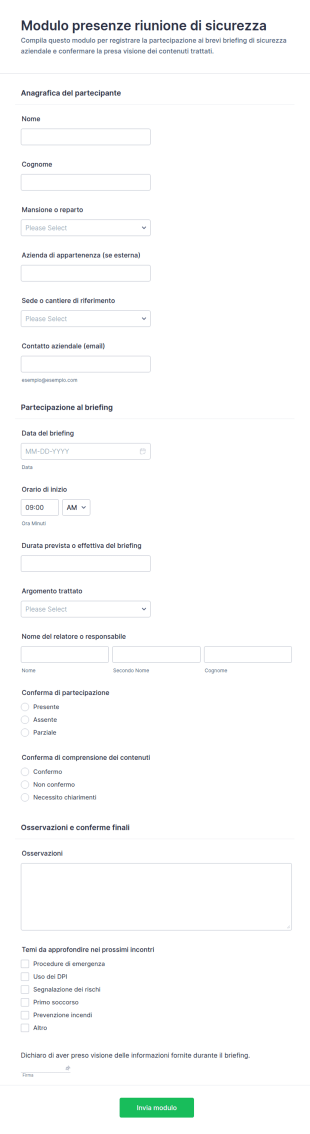 Modulo Di Registrazione Per Riunioni Di Sicurezza Sul Lavoro