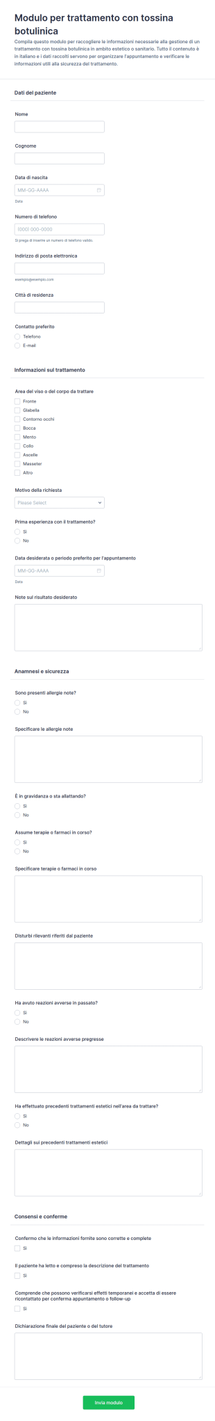 Modulo Di Registrazione Per Trattamento Tossina Botulinica