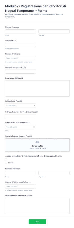 Modulo Di Registrazione Per Venditori Di Negozi Temporanei Forma