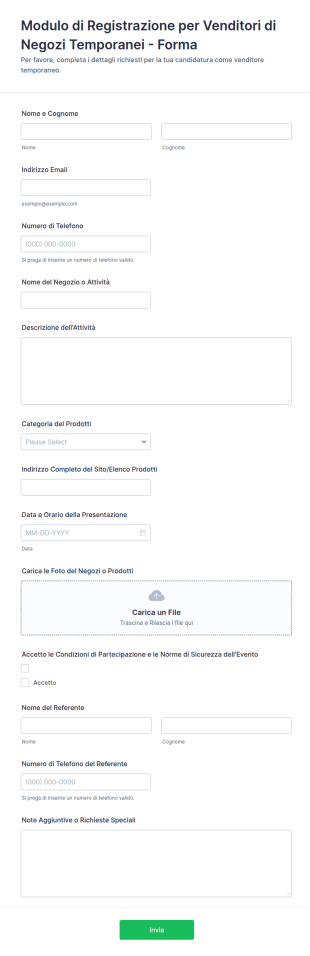 Modulo Di Registrazione Per Venditori Di Negozi Temporanei Forma