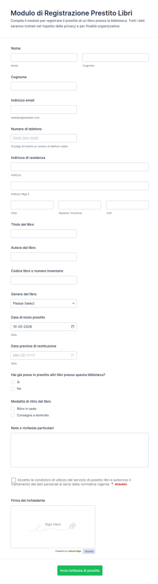 Modulo Di Registrazione Prestito Librario