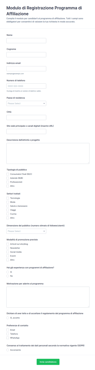 Modulo Di Registrazione Programma Affiliati