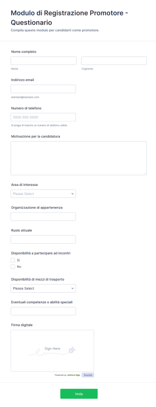 Modulo Di Registrazione Promotore Questionario