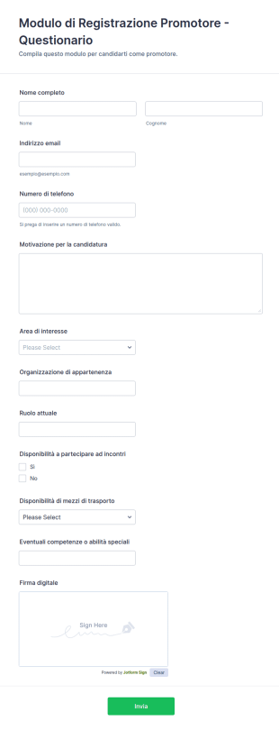 Modulo Di Registrazione Promotore Questionario