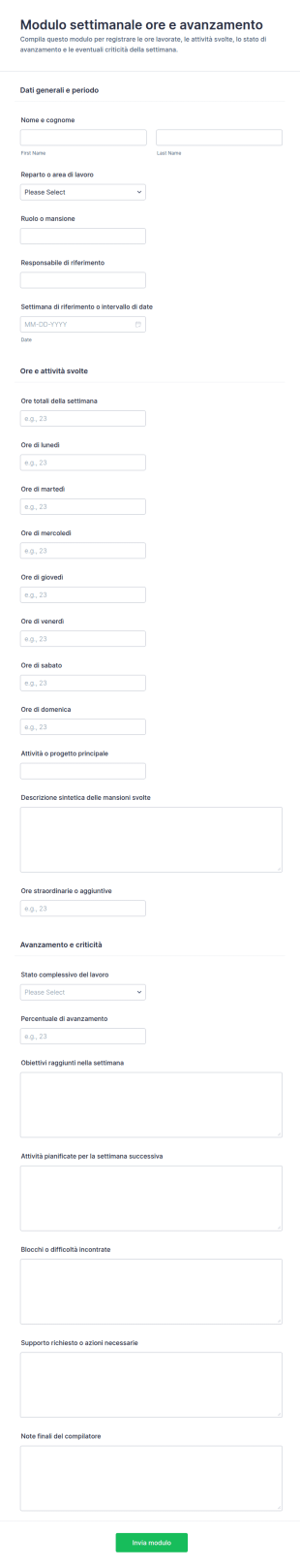 Modulo Di Registrazione Settimanale E Rapporto Di Avanzamento
