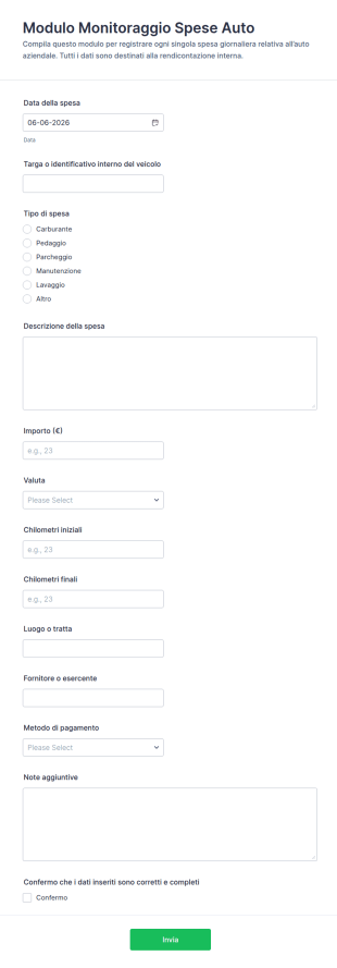 Modulo Di Registrazione Spese Auto Quotidiane