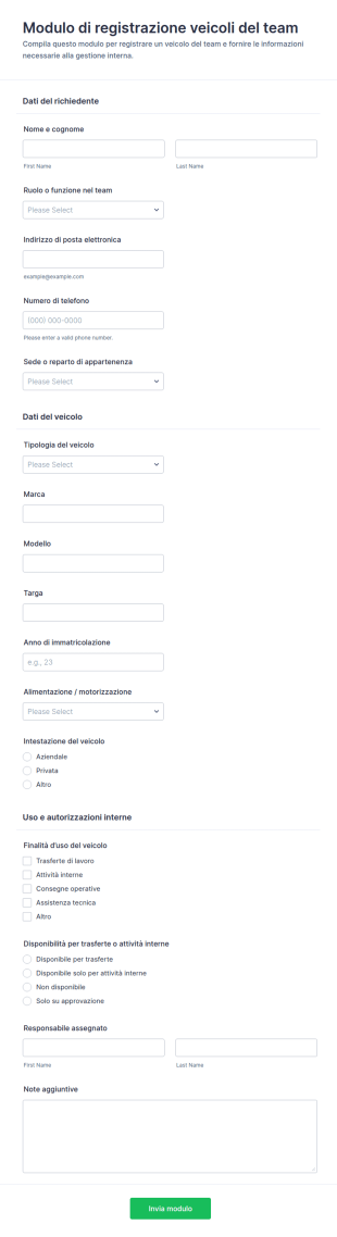 Modulo Di Registrazione Veicoli Aziendali