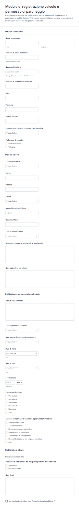 Modulo Di Registrazione Veicolo E Permesso Di Parcheggio