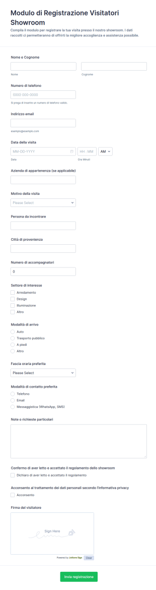 Modulo Di Registrazione Visitatori Del Showroom