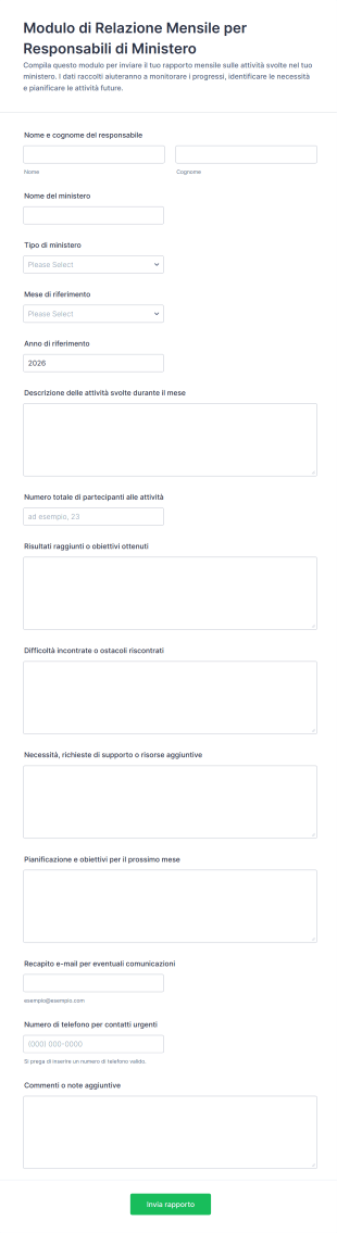 Modulo Di Relazione Mensile Per Responsabili Di Ministero