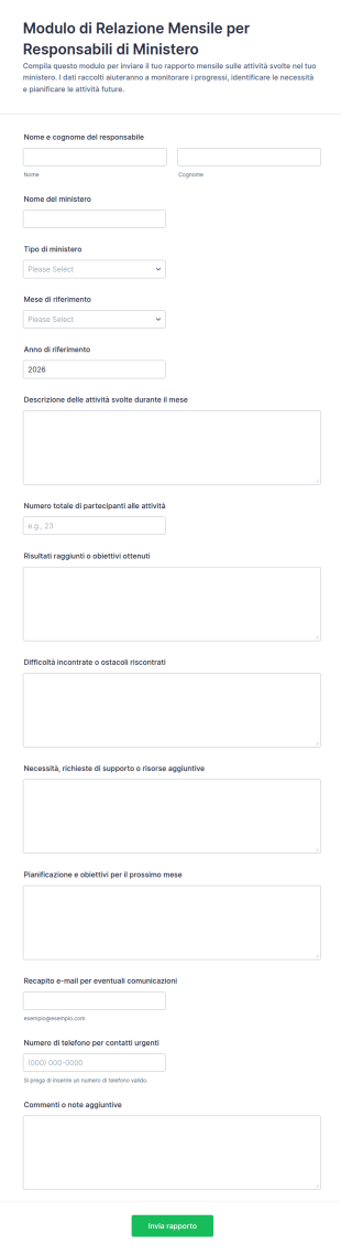 Modulo Di Relazione Mensile Per Responsabili Di Ministero