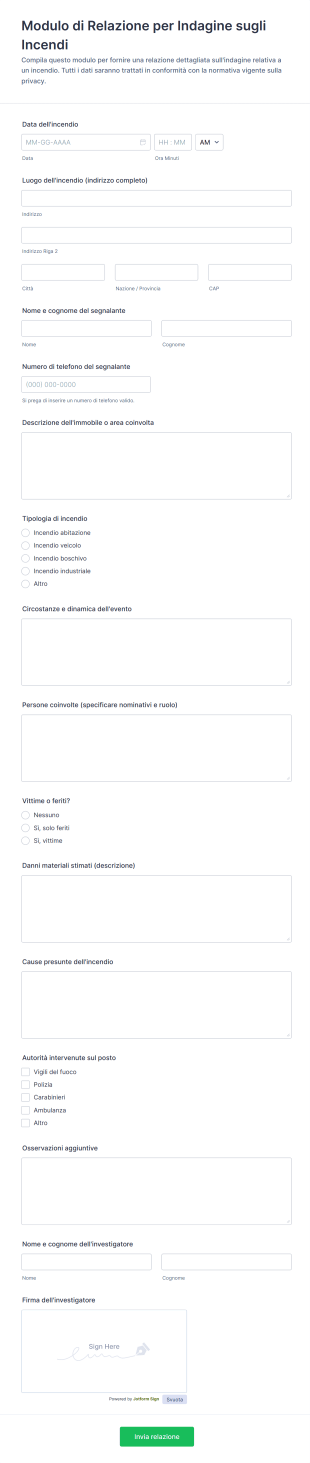 Modulo Di Relazione Per Indagine Sugli Incendi