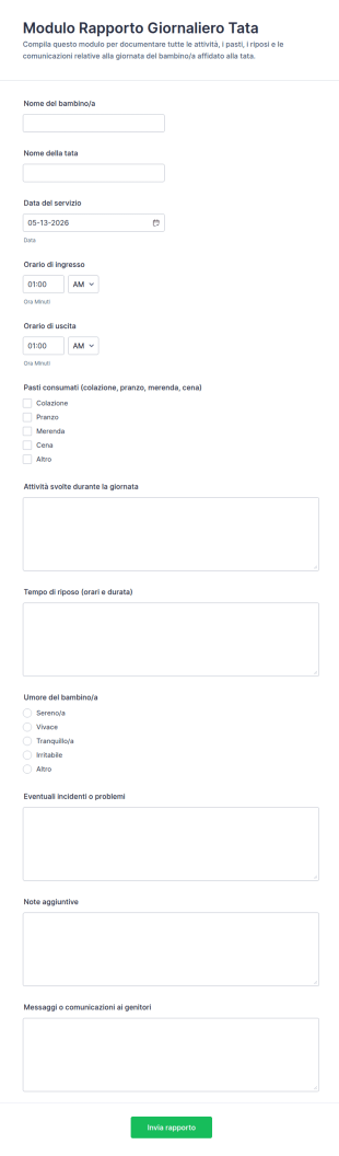 Modulo Di Relazione Quotidiana Per Babysitter