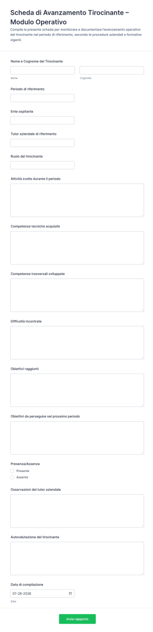 Modulo Di Report Di Avanzamento Del Tirocinante