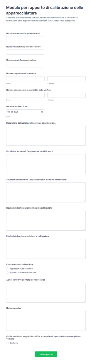 Modulo Di Report Di Taratura Delle Attrezzature