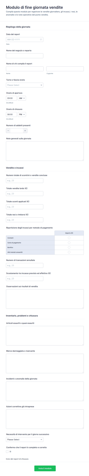 Modulo Di Report Vendite Di Fine Giornata